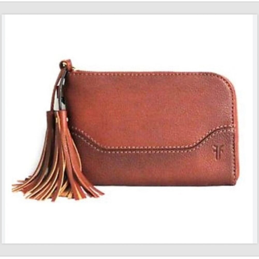 Frye Paige Tassel Cognac Leather Wristlet Clutch Wallet Gold Hardware Zip Bag